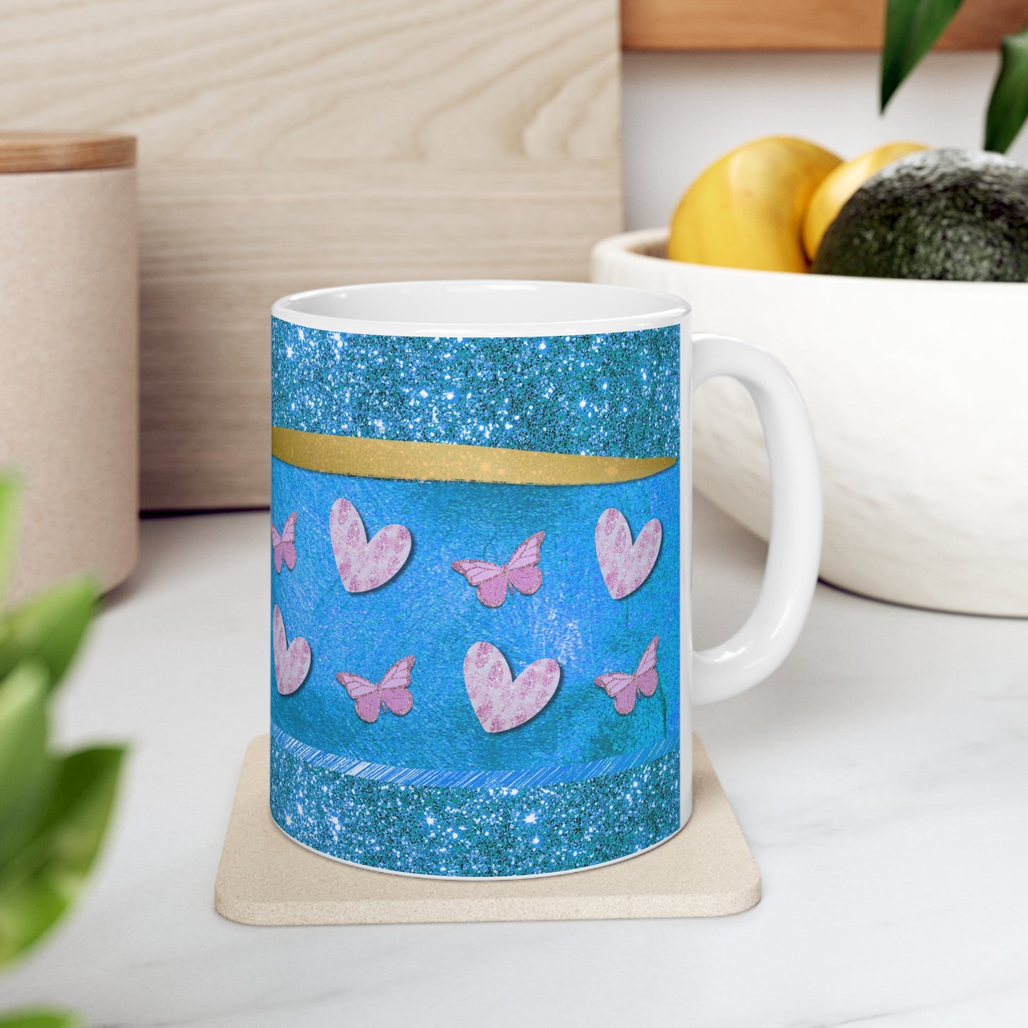 Pink Butterflies With Gold & Blue Background Ceramic Mug 11oz