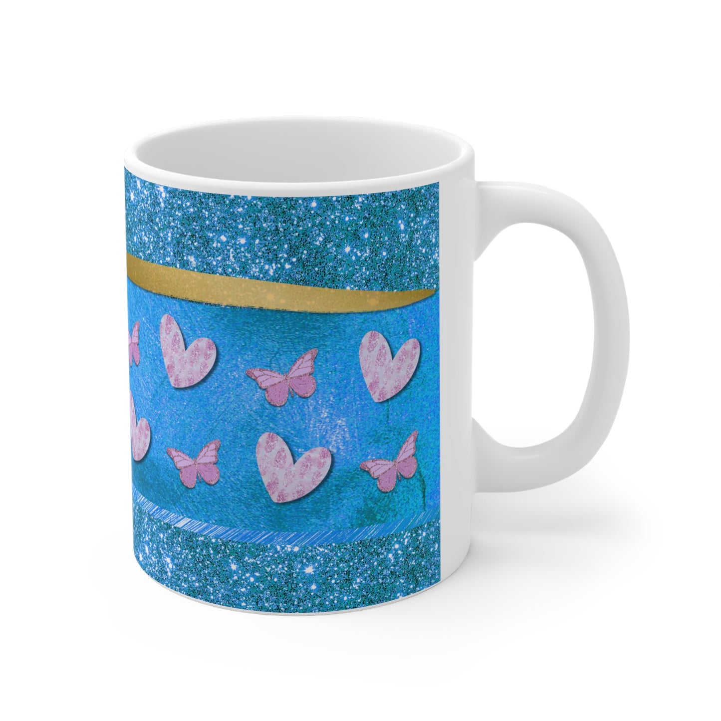 Pink Butterflies With Gold & Blue Background Ceramic Mug 11oz
