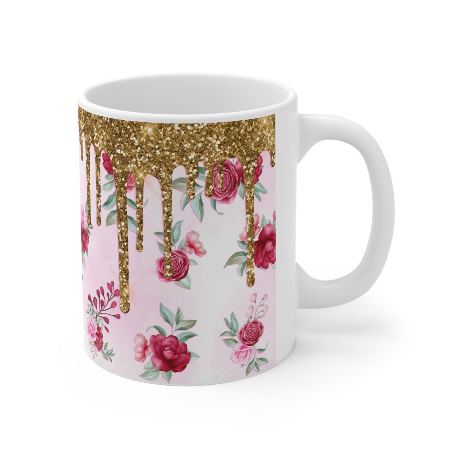 Pink Flowers w/ Gold Glitter Drip Rim Ceramic Mug 11oz