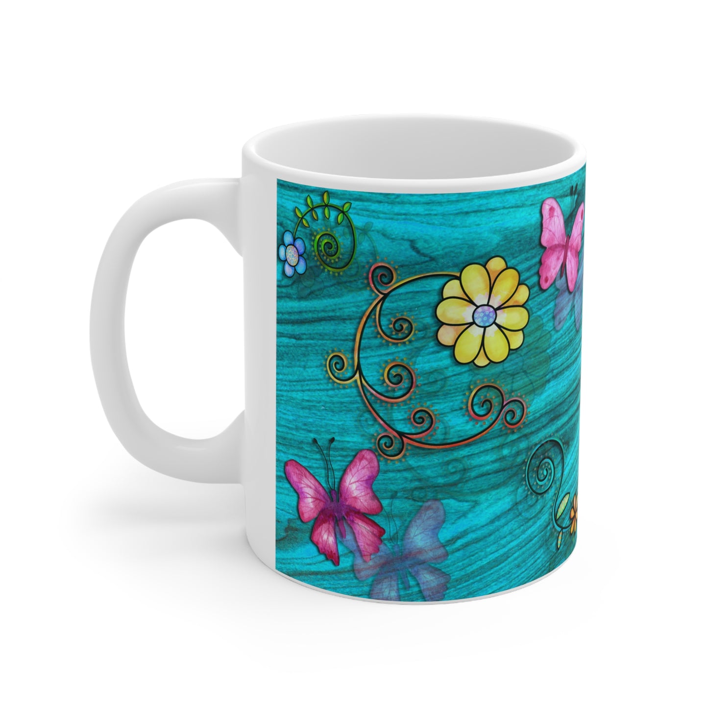 Pink Butterflies w/ Flowers & Teal Wood Grain Background Ceramic Mug 11oz