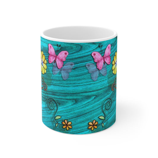 Pink Butterflies w/ Flowers & Teal Wood Grain Background Ceramic Mug 11oz