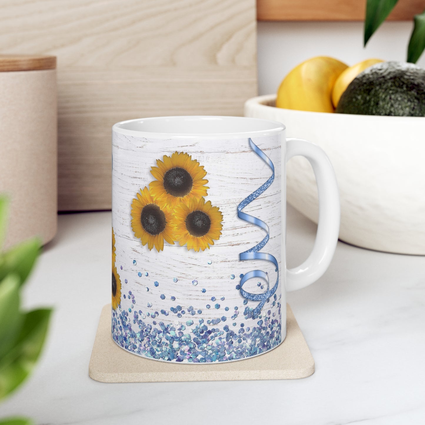 Sunflowers & Blue Confetti w/ Birchwood Background Ceramic Mug 11oz