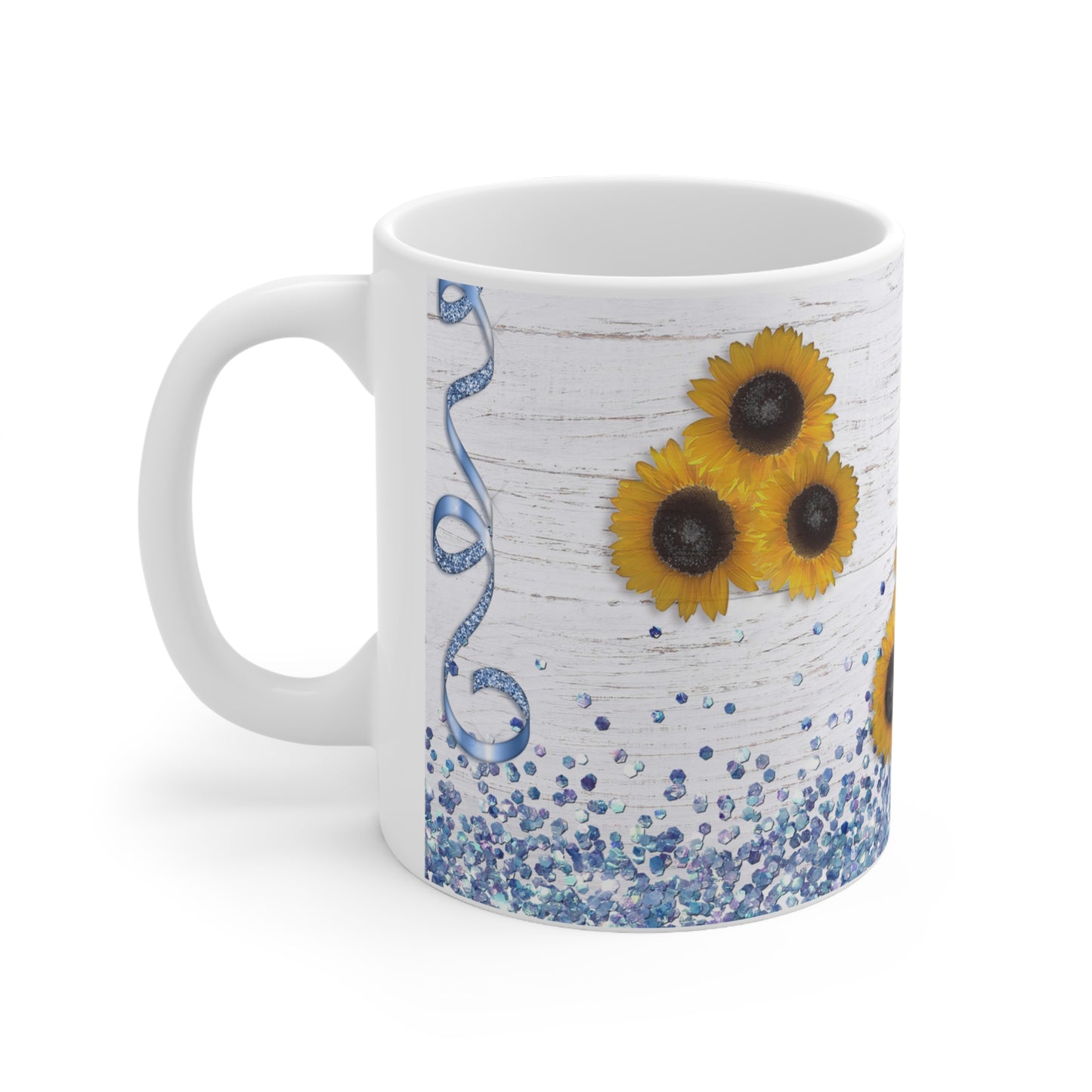 Sunflowers & Blue Confetti w/ Birchwood Background Ceramic Mug 11oz