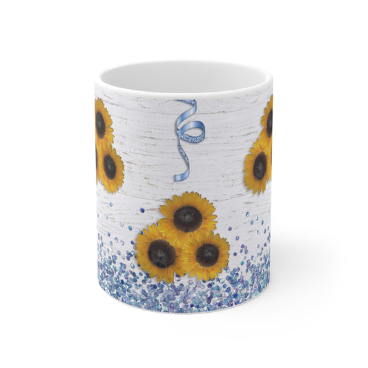 Sunflowers & Blue Confetti w/ Birchwood Background Ceramic Mug 11oz