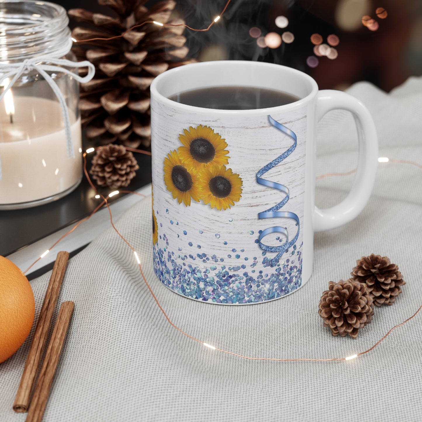 Sunflowers & Blue Confetti w/ Birchwood Background Ceramic Mug 11oz