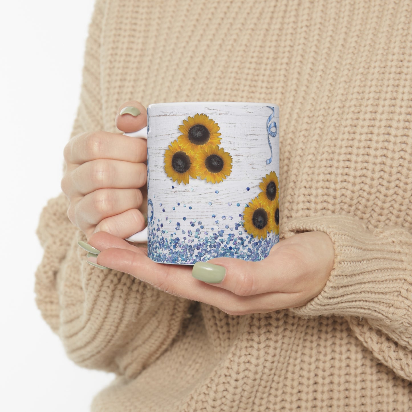 Sunflowers & Blue Confetti w/ Birchwood Background Ceramic Mug 11oz