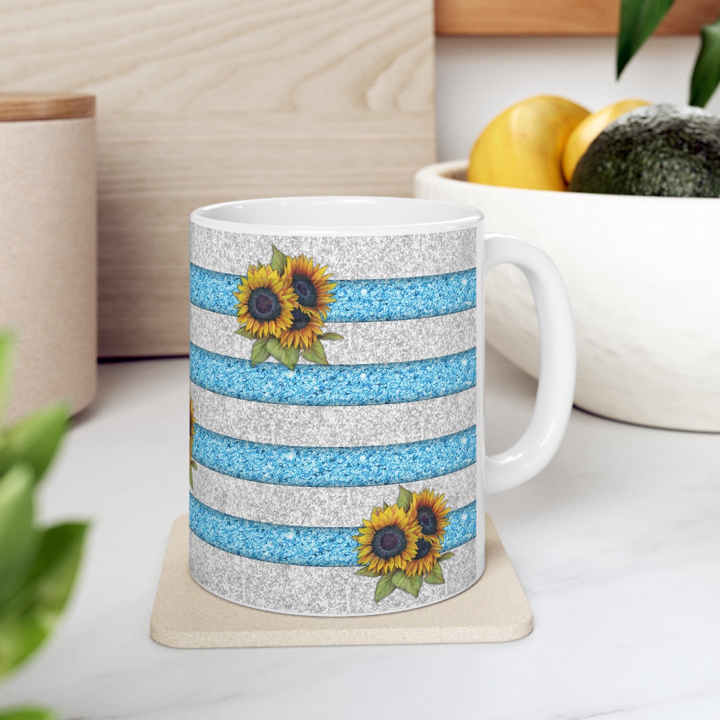 Sunflowers w/ Blue & White Glitter Striped Ceramic Mug 11oz