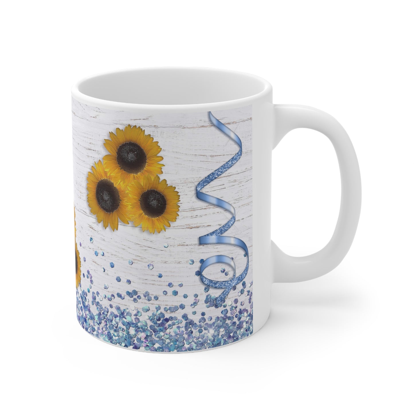 Sunflowers & Blue Confetti w/ Birchwood Background Ceramic Mug 11oz