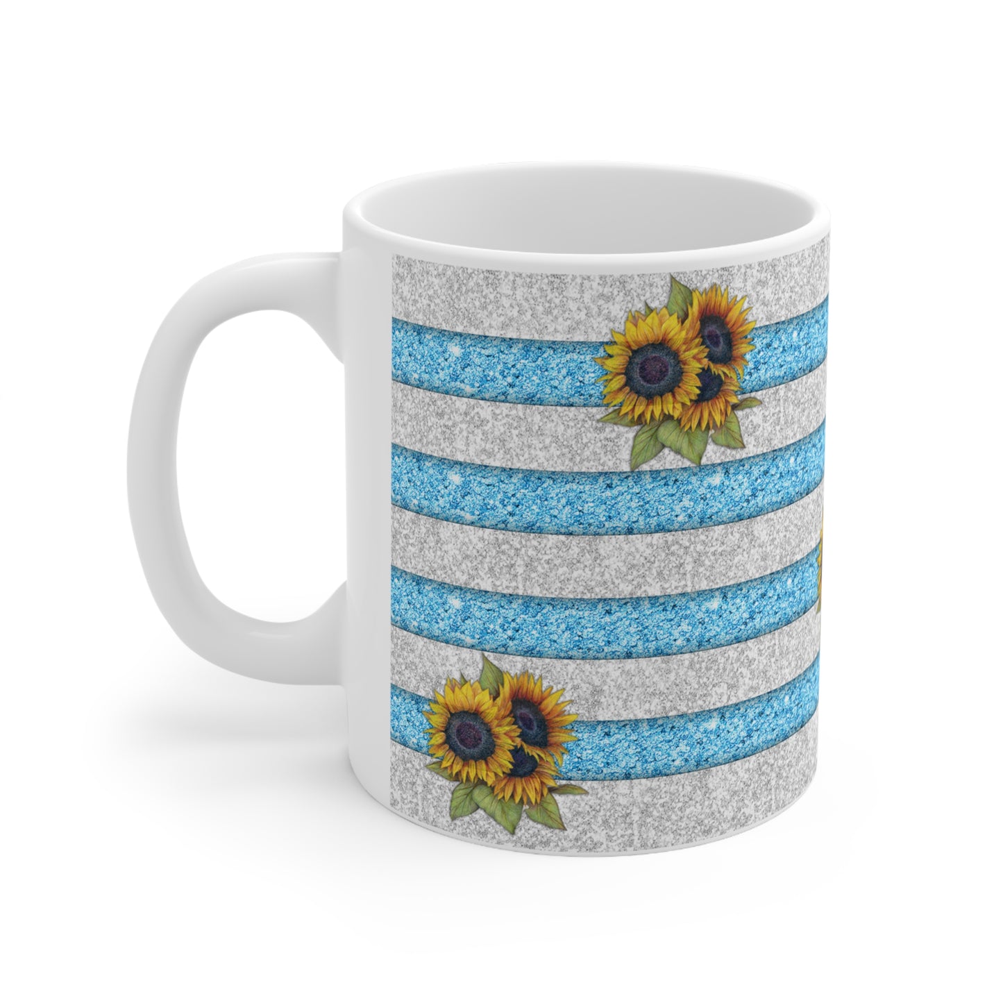 Sunflowers w/ Blue & White Glitter Striped Ceramic Mug 11oz
