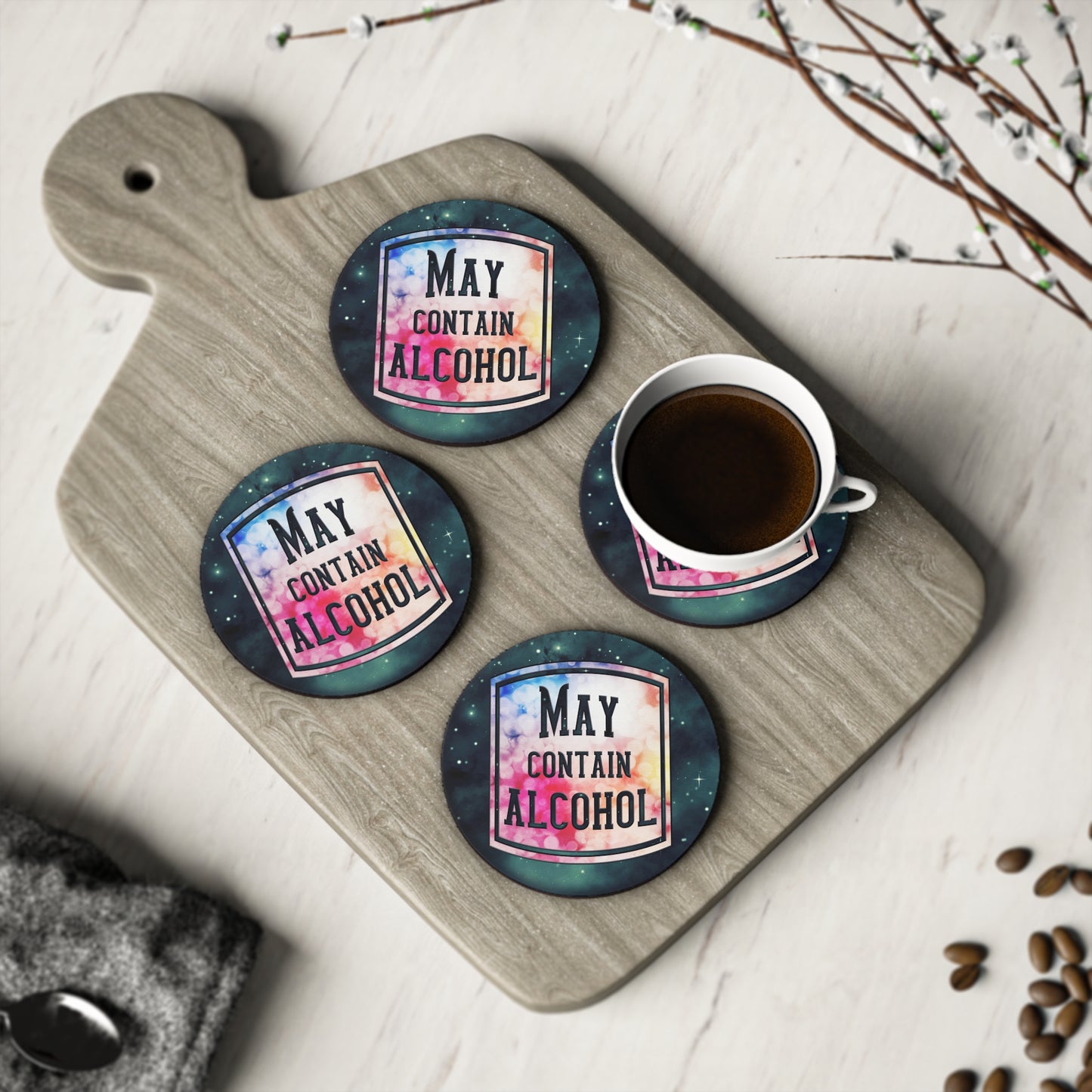 " May Contain Alcohol " Round Coasters