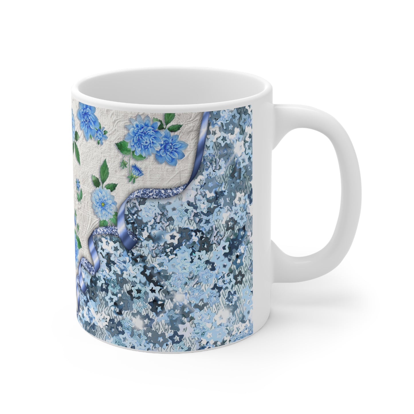 Blue Flower Floral Design Ceramic Mug 11oz